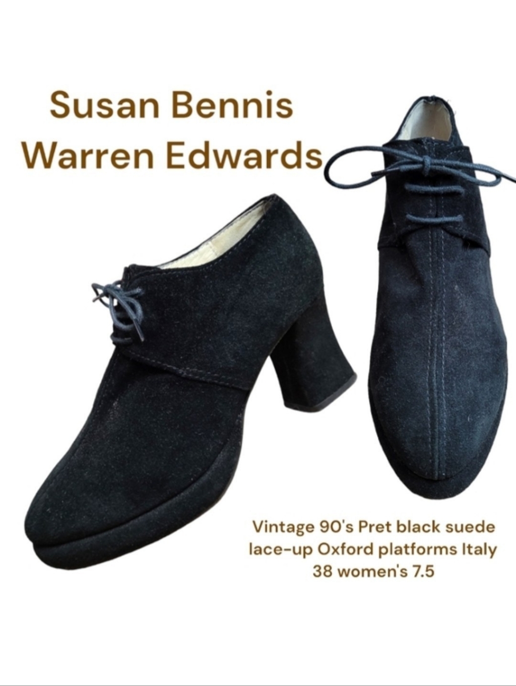 Vintage Susan Bennis Women Pret Oxford Suede Lace-Up Platform Shoes Black 7.5